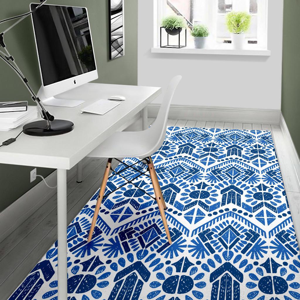 Blue And White Aztec Pattern Print Area Rug GearFrost