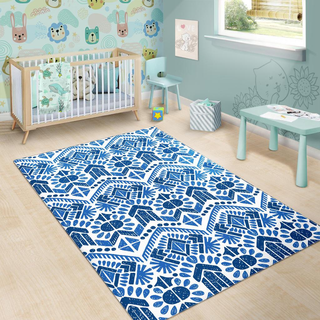 Blue And White Aztec Pattern Print Area Rug GearFrost