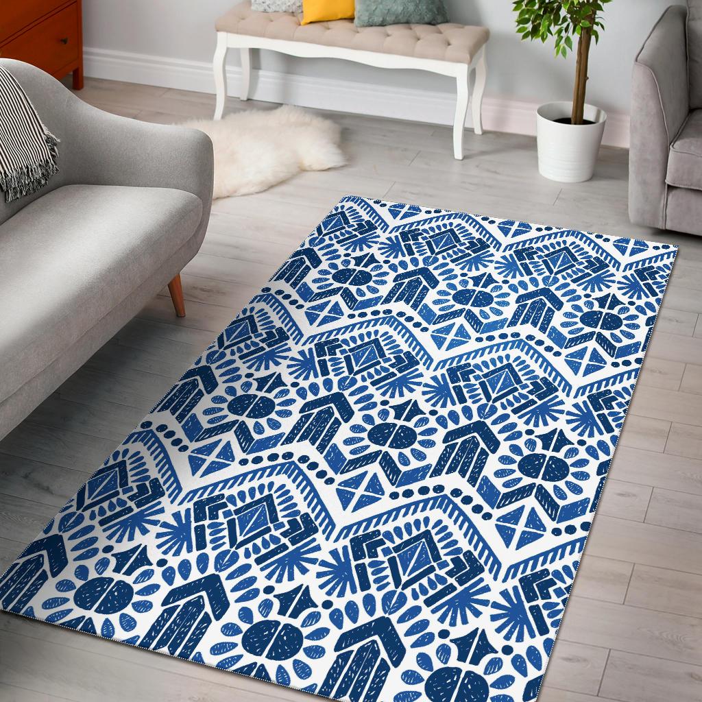 Blue And White Aztec Pattern Print Area Rug GearFrost