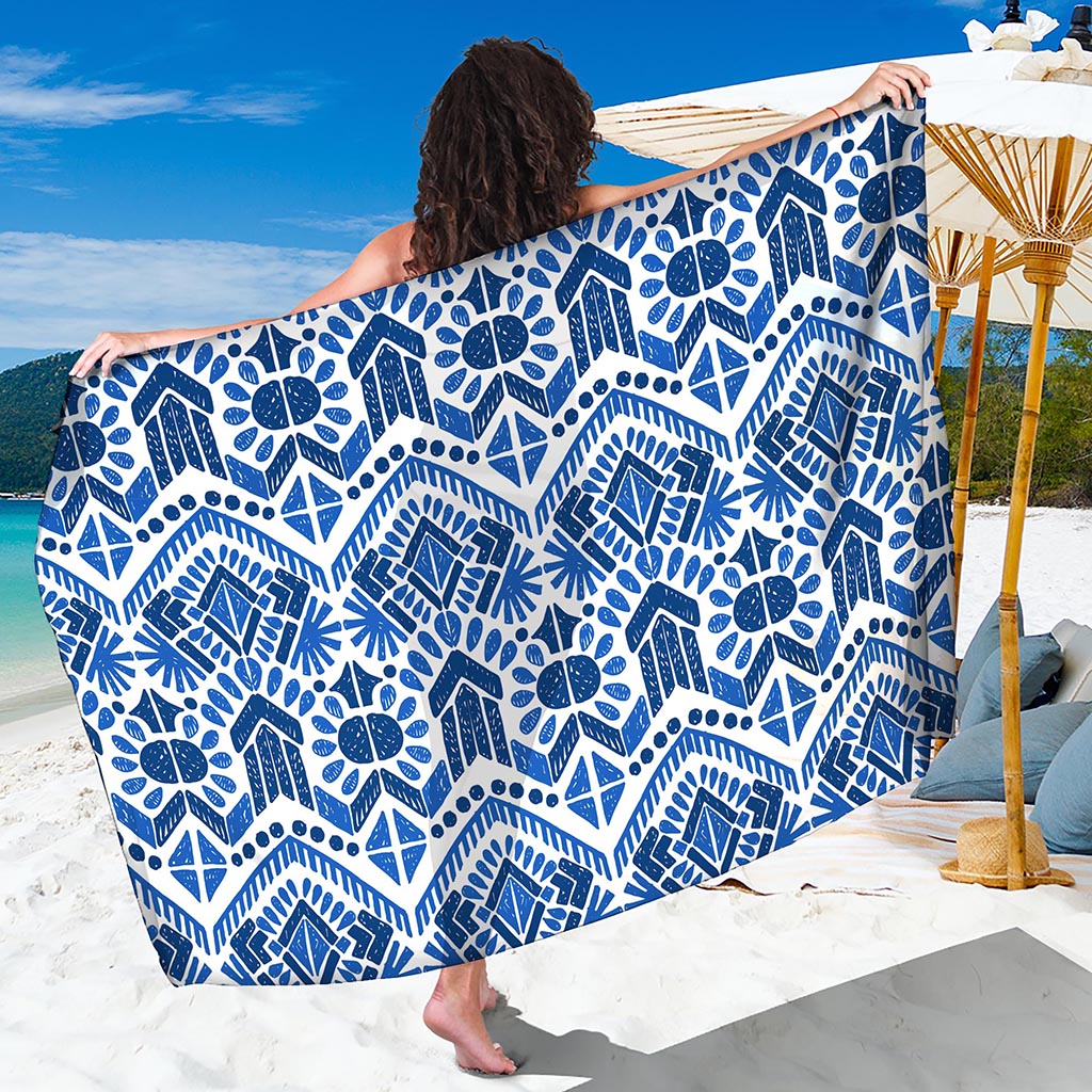 Blue And White Aztec Pattern Print Beach Sarong Wrap