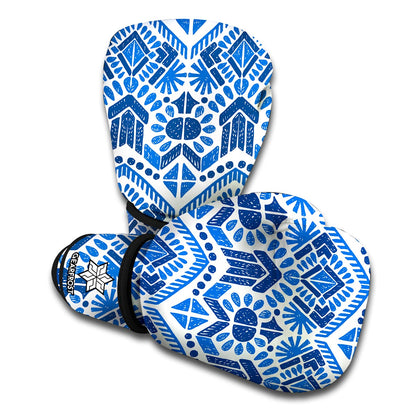 Blue And White Aztec Pattern Print Boxing Gloves