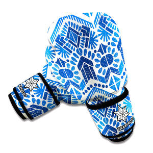 Blue And White Aztec Pattern Print Boxing Gloves