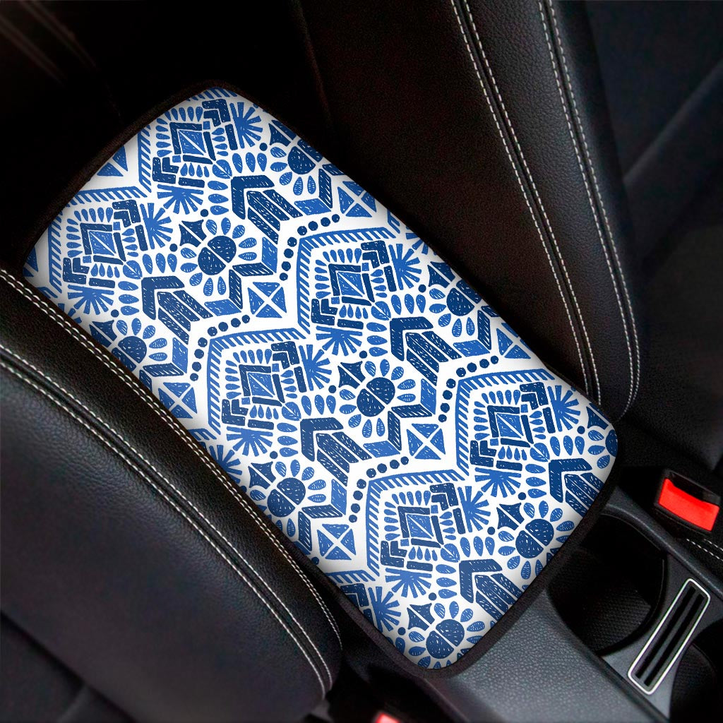 Blue And White Aztec Pattern Print Car Center Console Cover