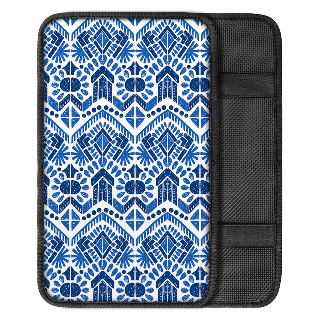 Blue And White Aztec Pattern Print Car Center Console Cover