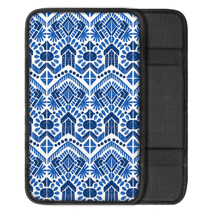 Blue And White Aztec Pattern Print Car Center Console Cover