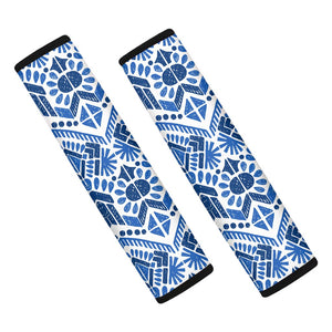 Blue And White Aztec Pattern Print Car Seat Belt Covers