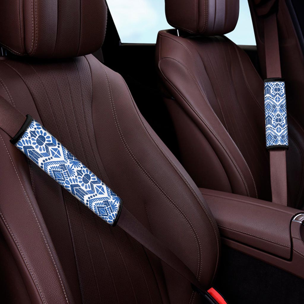 Blue And White Aztec Pattern Print Car Seat Belt Covers