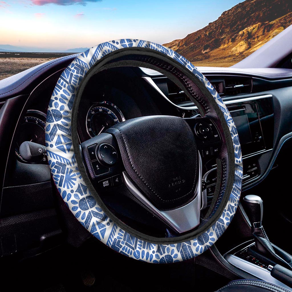 Blue And White Aztec Pattern Print Car Steering Wheel Cover