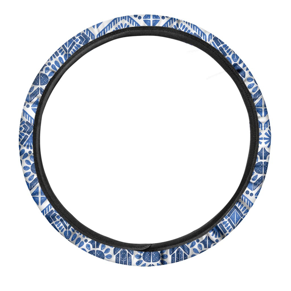 Blue And White Aztec Pattern Print Car Steering Wheel Cover