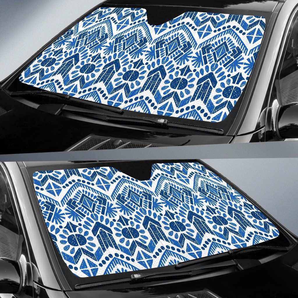 Blue And White Aztec Pattern Print Car Sun Shade GearFrost