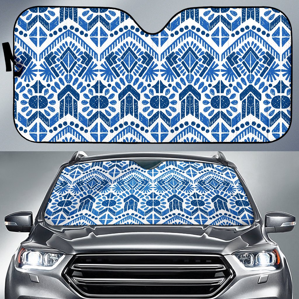 Blue And White Aztec Pattern Print Car Sun Shade GearFrost