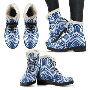 Blue And White Aztec Pattern Print Comfy Boots GearFrost