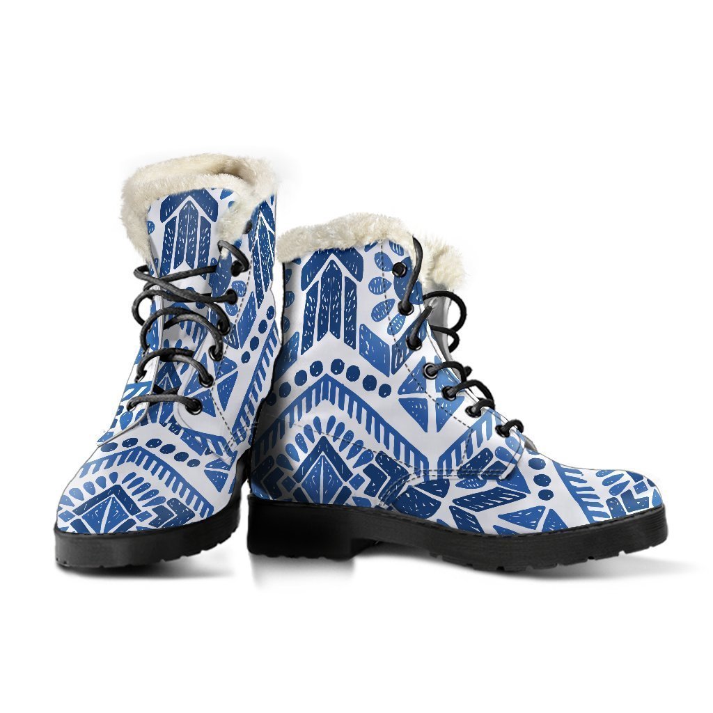 Blue And White Aztec Pattern Print Comfy Boots GearFrost