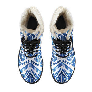 Blue And White Aztec Pattern Print Comfy Boots GearFrost