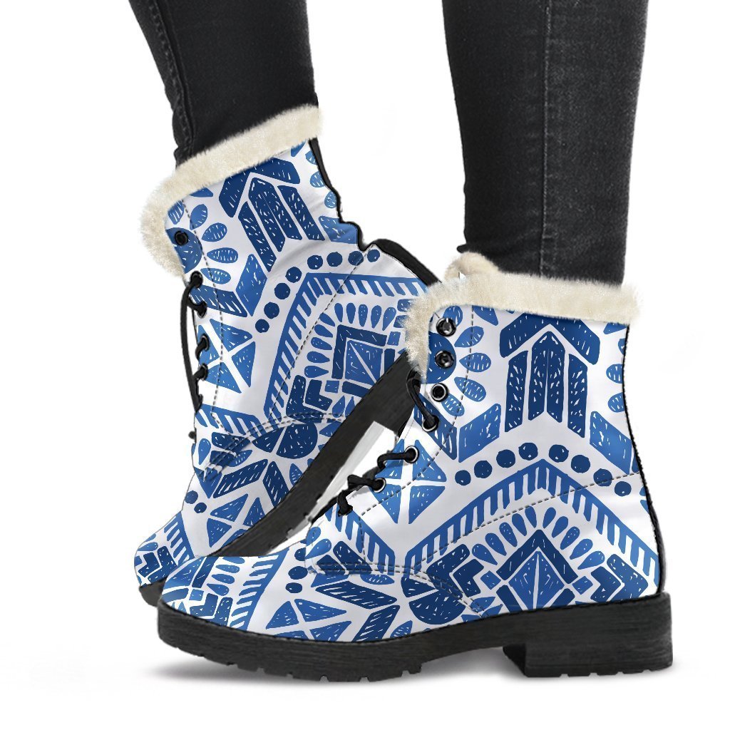 Blue And White Aztec Pattern Print Comfy Boots GearFrost