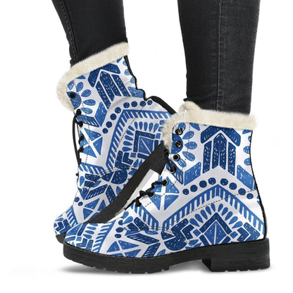 Blue And White Aztec Pattern Print Comfy Boots GearFrost