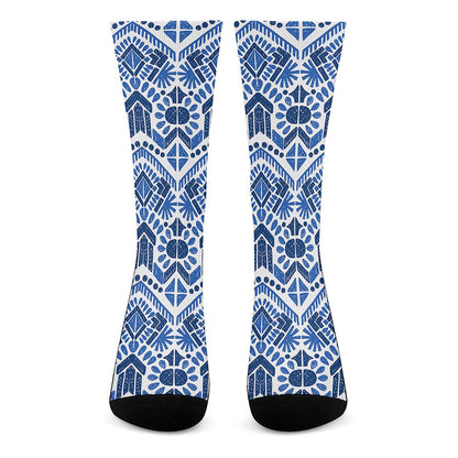 Blue And White Aztec Pattern Print Crew Socks