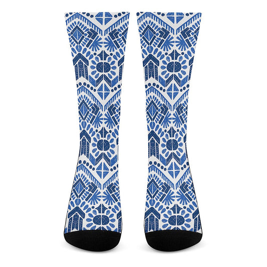 Blue And White Aztec Pattern Print Crew Socks