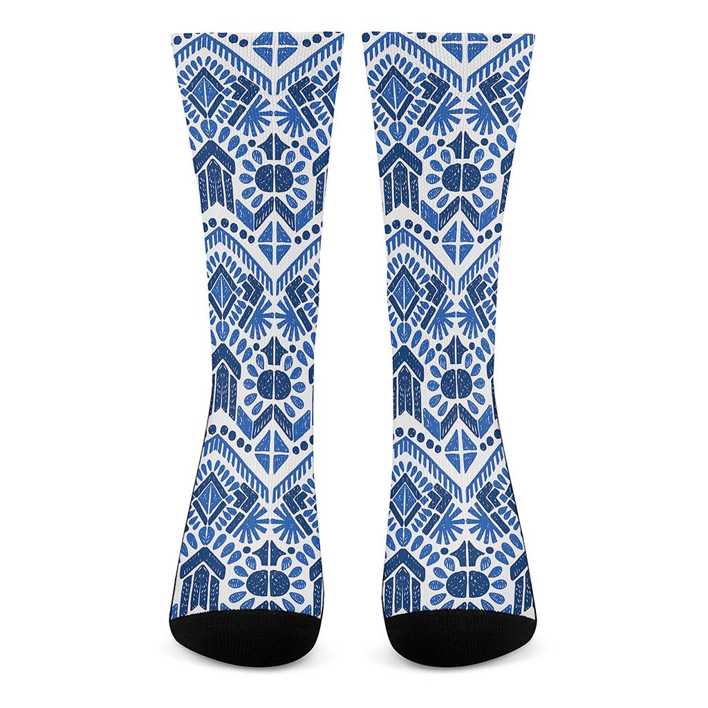 Blue And White Aztec Pattern Print Crew Socks