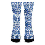 Blue And White Aztec Pattern Print Crew Socks