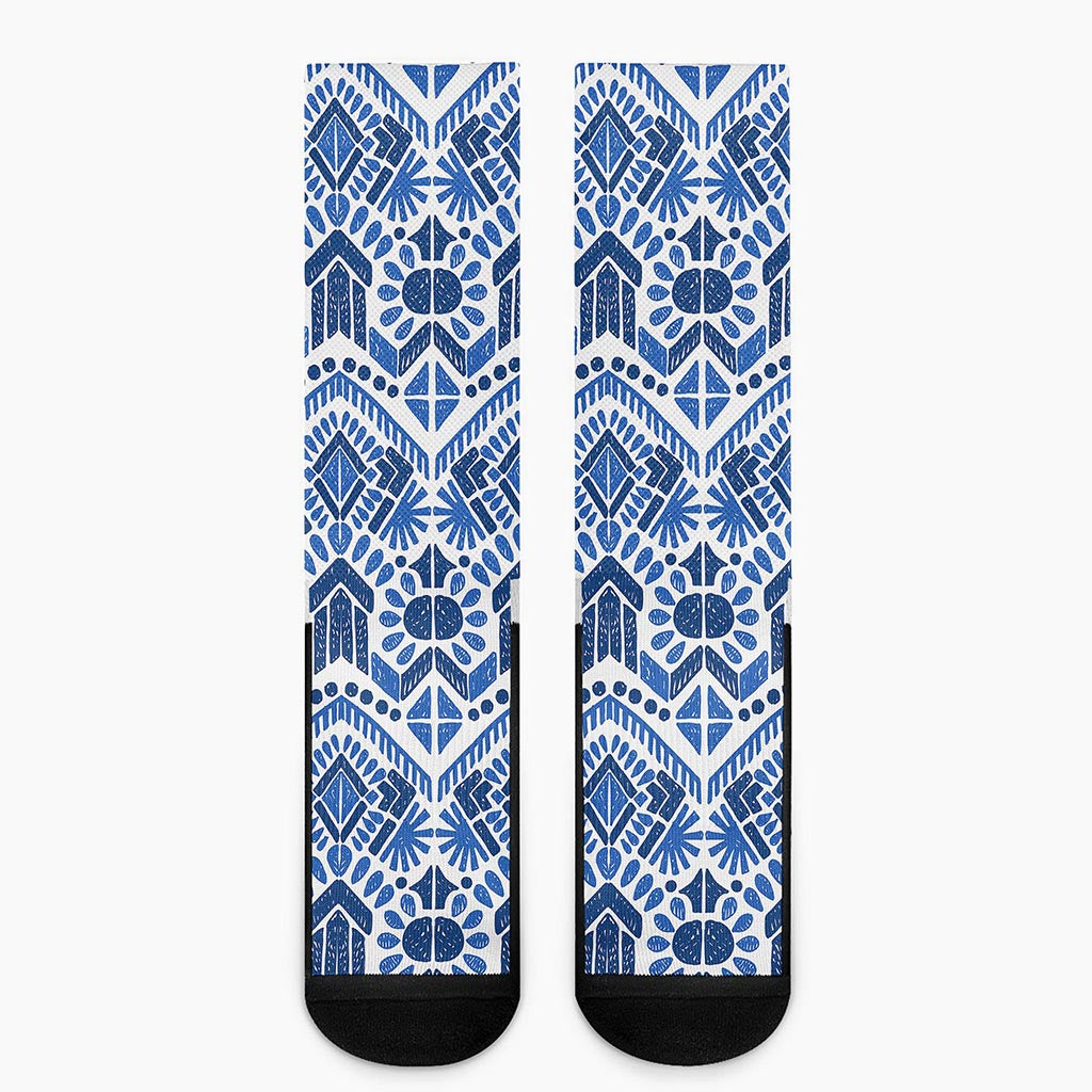 Blue And White Aztec Pattern Print Crew Socks