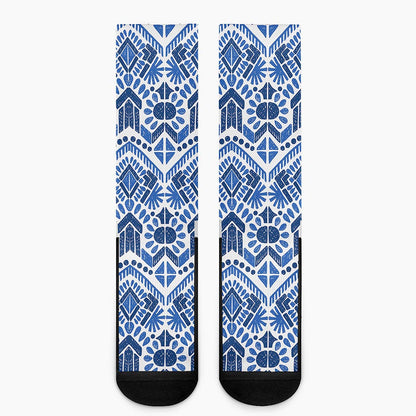 Blue And White Aztec Pattern Print Crew Socks