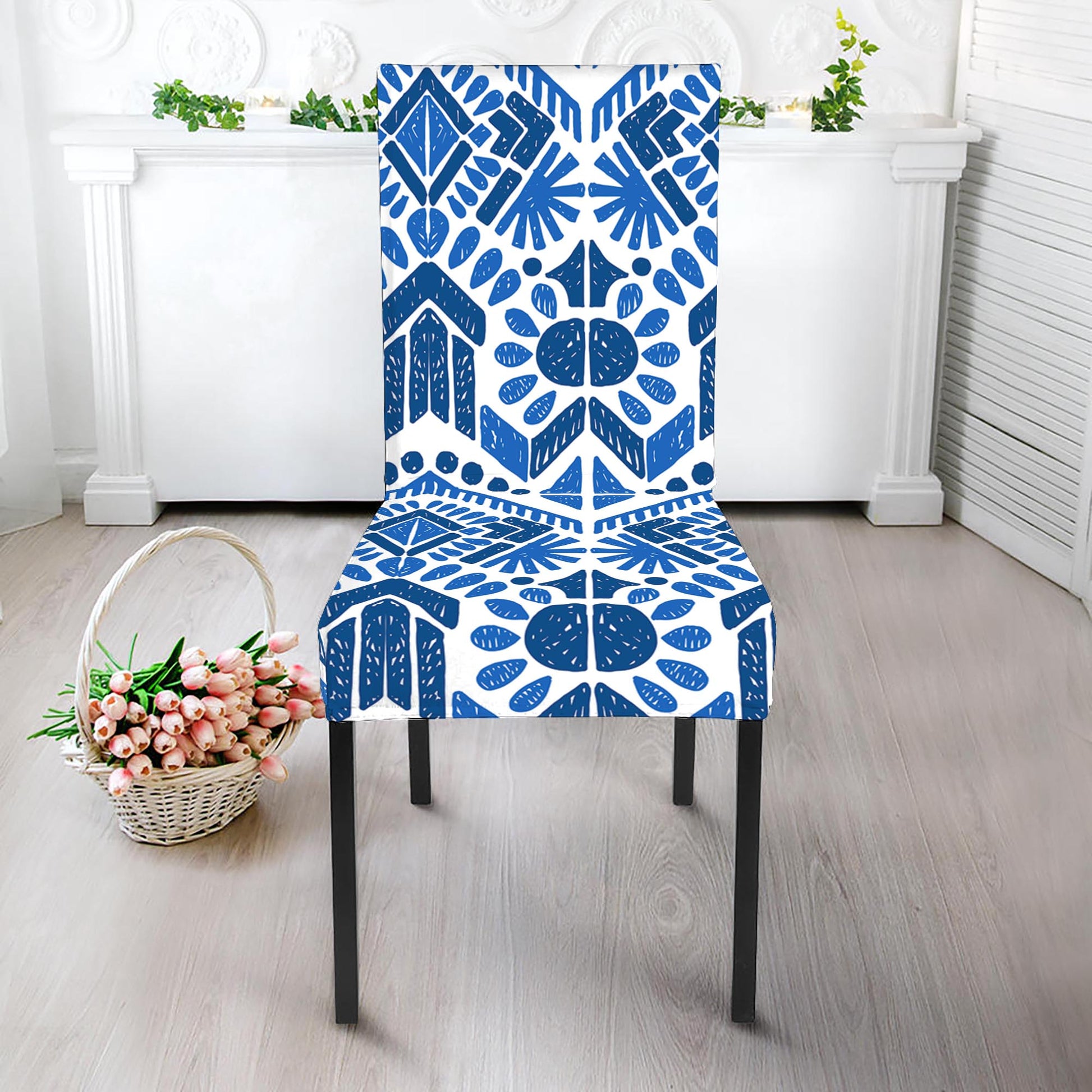 Blue And White Aztec Pattern Print Dining Chair Slipcover