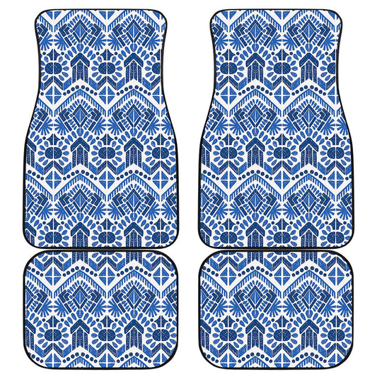 Blue And White Aztec Pattern Print Front and Back Car Floor Mats