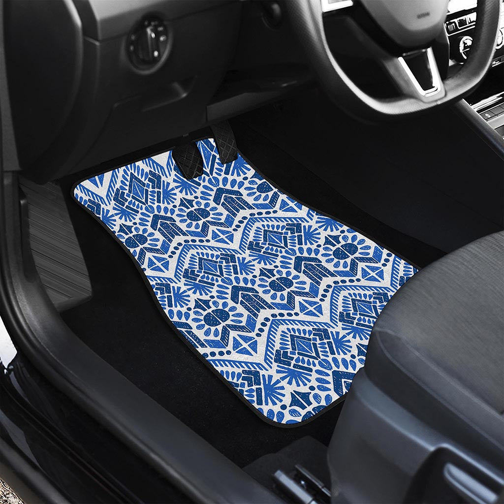 Blue And White Aztec Pattern Print Front and Back Car Floor Mats