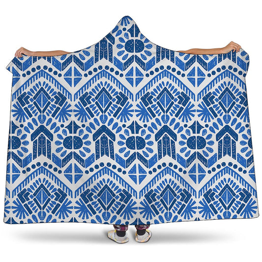Blue And White Aztec Pattern Print Hooded Blanket