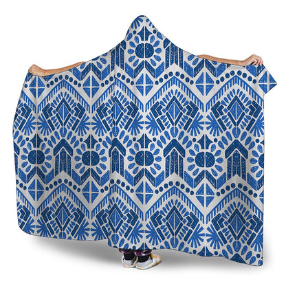 Blue And White Aztec Pattern Print Hooded Blanket