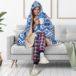 Blue And White Aztec Pattern Print Hooded Blanket