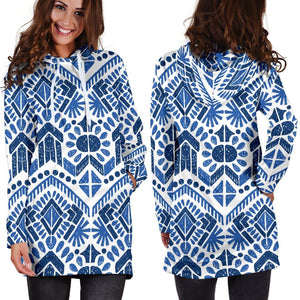 Blue And White Aztec Pattern Print Hoodie Dress GearFrost