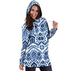 Blue And White Aztec Pattern Print Hoodie Dress GearFrost