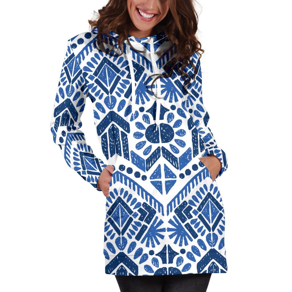 Blue And White Aztec Pattern Print Hoodie Dress GearFrost