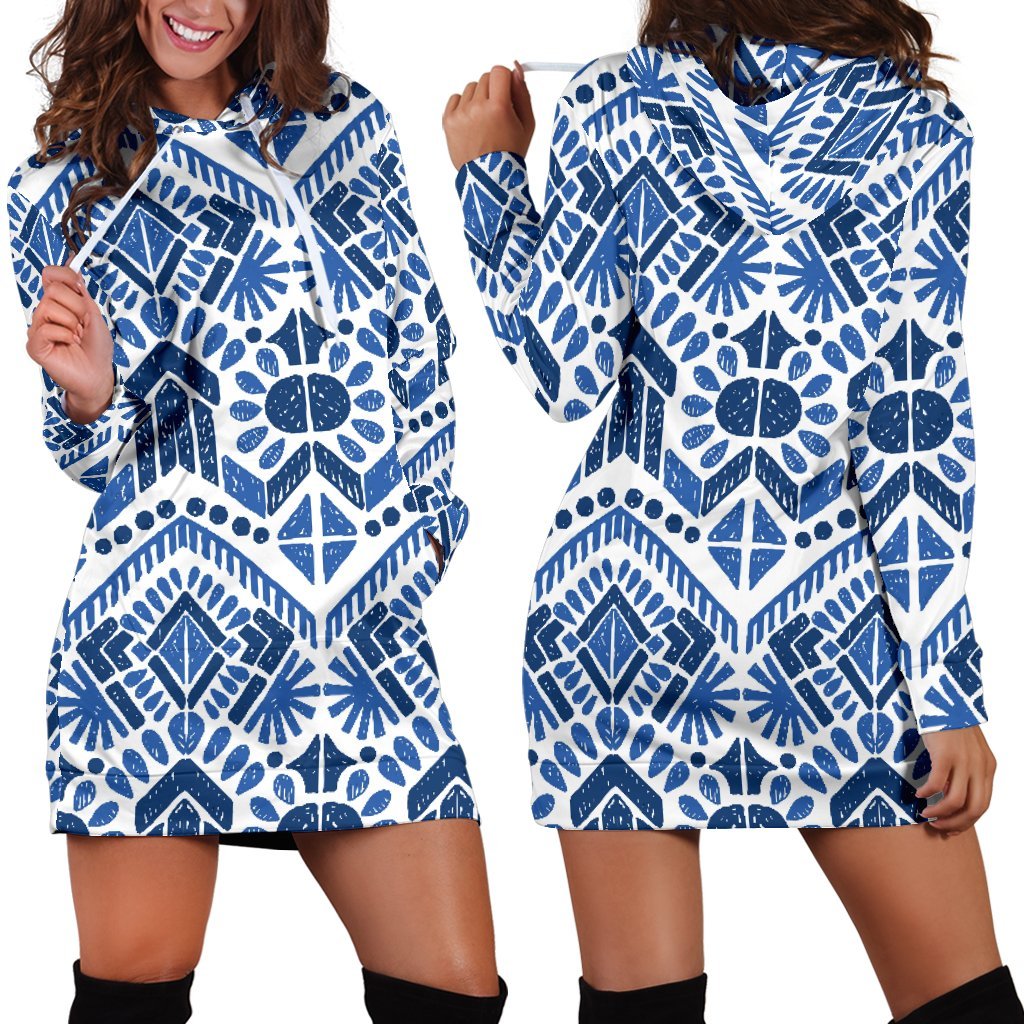 Blue And White Aztec Pattern Print Hoodie Dress GearFrost