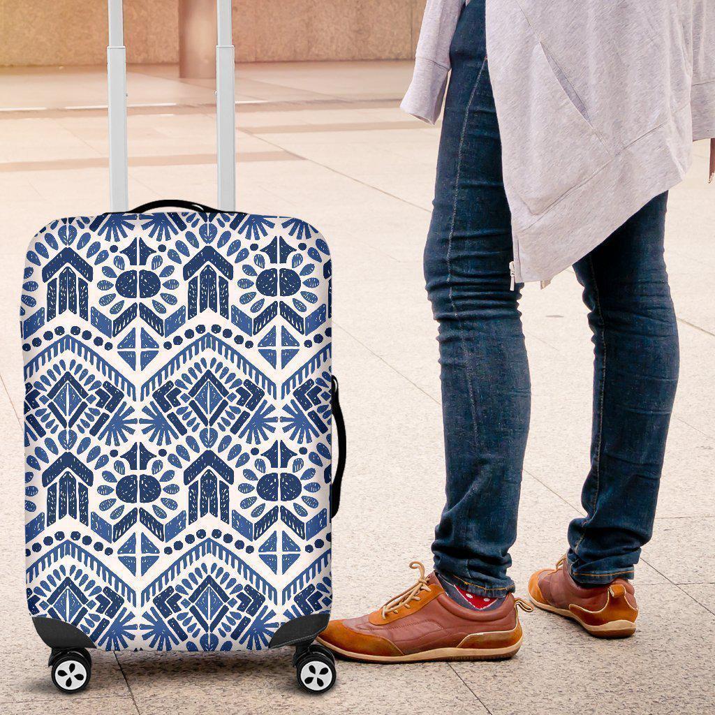 Blue And White Aztec Pattern Print Luggage Cover GearFrost