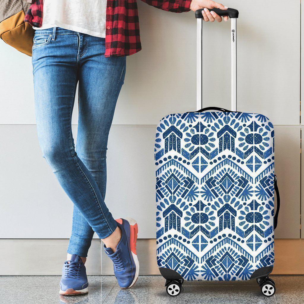 Blue And White Aztec Pattern Print Luggage Cover GearFrost