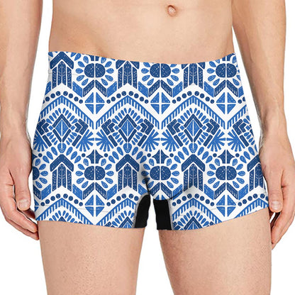 Blue And White Aztec Pattern Print Men's Boxer Briefs