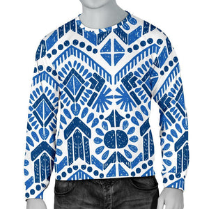 Blue And White Aztec Pattern Print Men's Crewneck Sweatshirt GearFrost