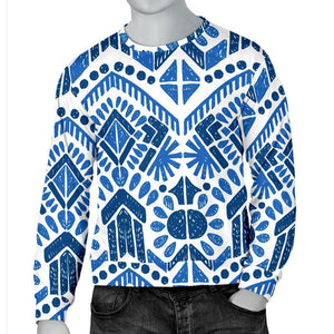 Blue And White Aztec Pattern Print Men's Crewneck Sweatshirt GearFrost