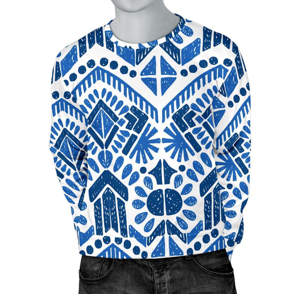 Blue And White Aztec Pattern Print Men's Crewneck Sweatshirt GearFrost