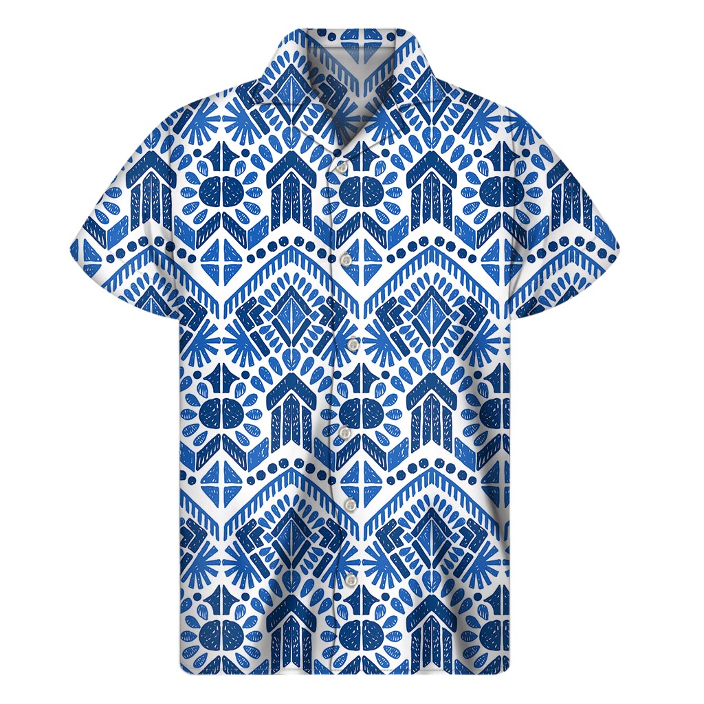 Blue And White Aztec Pattern Print Men's Short Sleeve Shirt