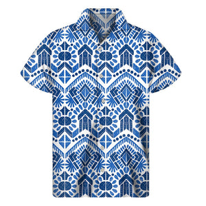 Blue And White Aztec Pattern Print Men's Short Sleeve Shirt