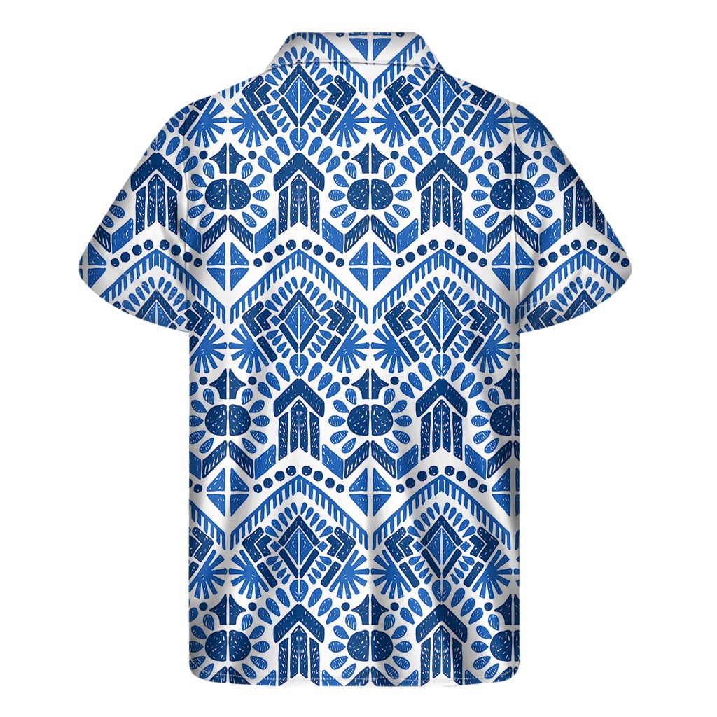 Blue And White Aztec Pattern Print Men's Short Sleeve Shirt