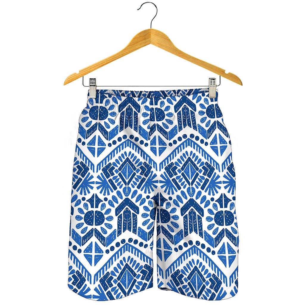 Blue And White Aztec Pattern Print Men's Shorts