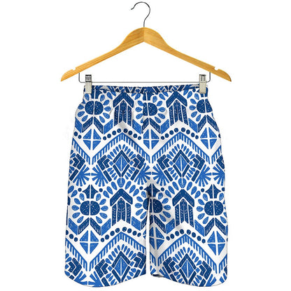 Blue And White Aztec Pattern Print Men's Shorts