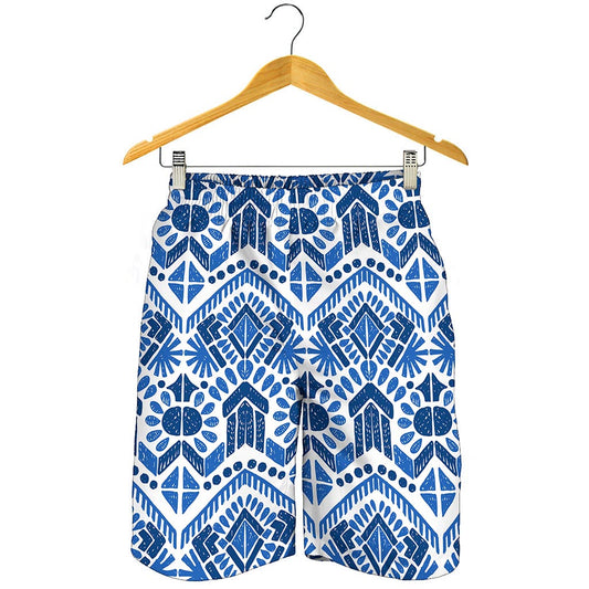 Blue And White Aztec Pattern Print Men's Shorts
