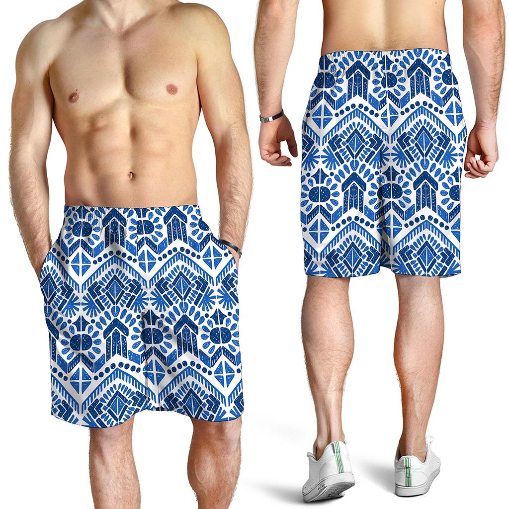 Blue And White Aztec Pattern Print Men's Shorts
