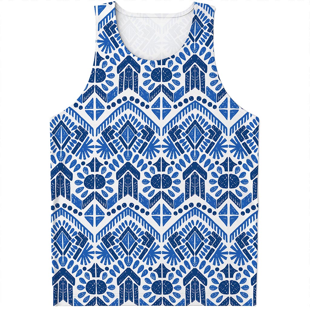 Blue And White Aztec Pattern Print Men's Tank Top